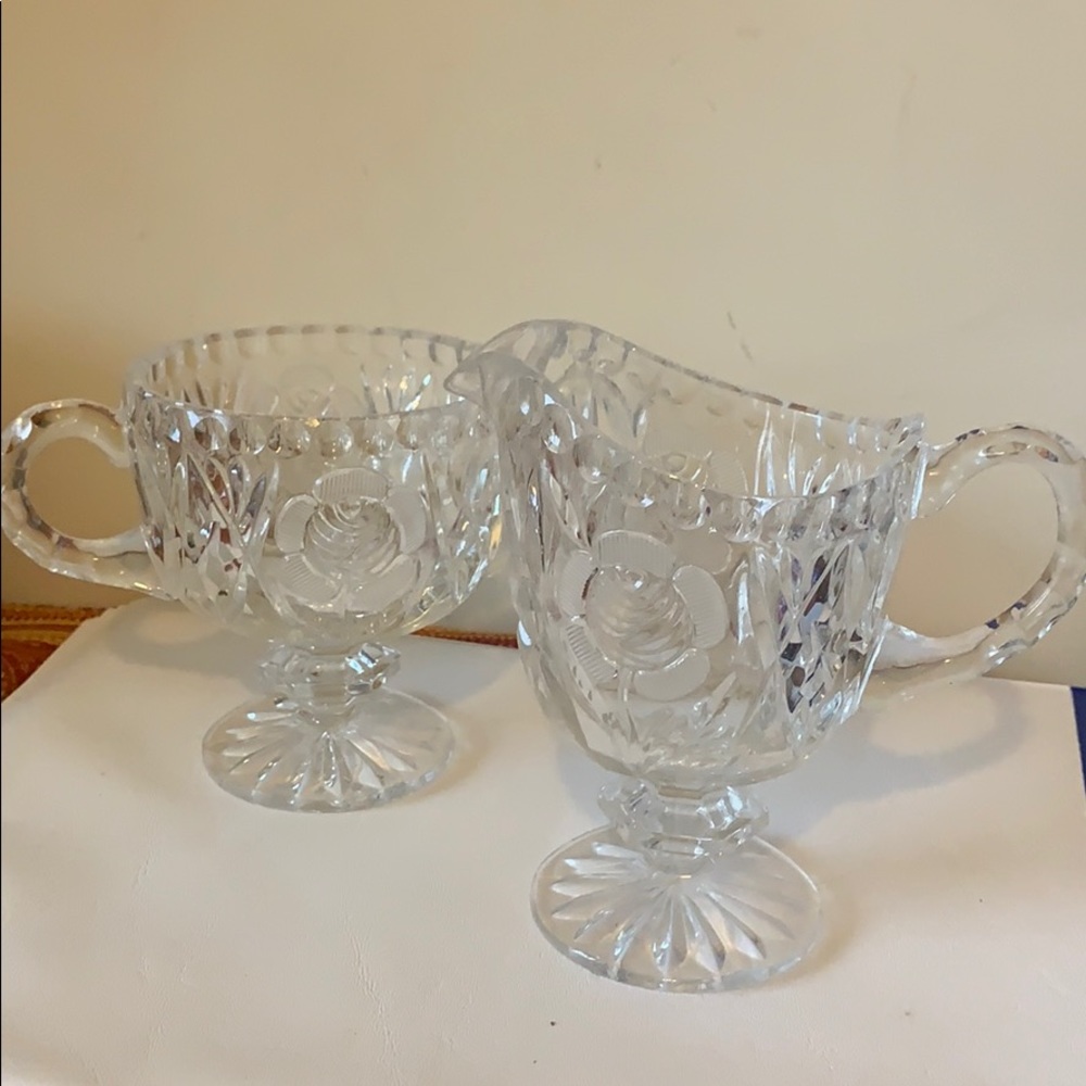 Etched crystal cut sugar and creamer